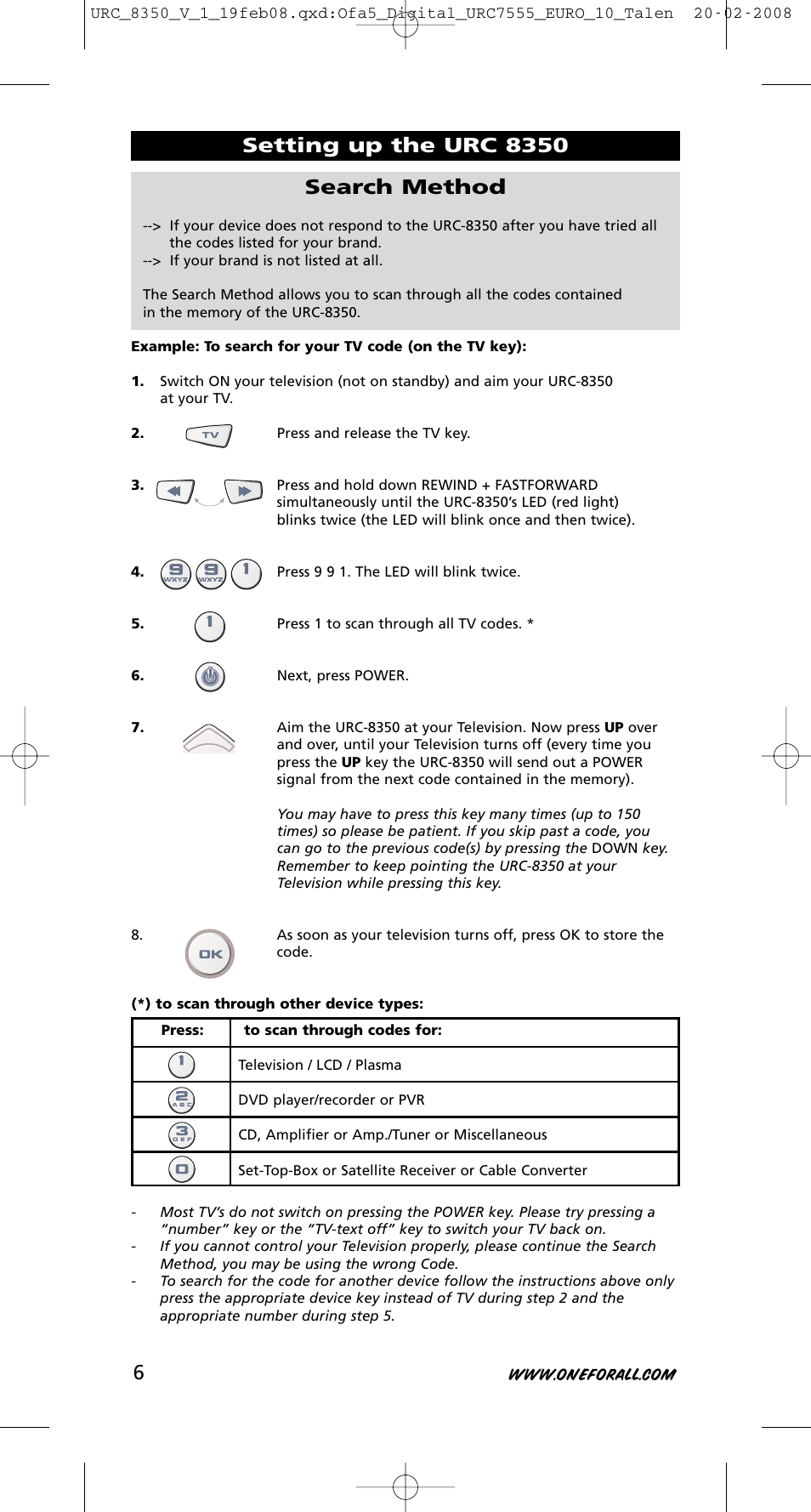 Setting up the urc 8350, Search method | One for All URC-8350 User Manual | Page 7 / 152