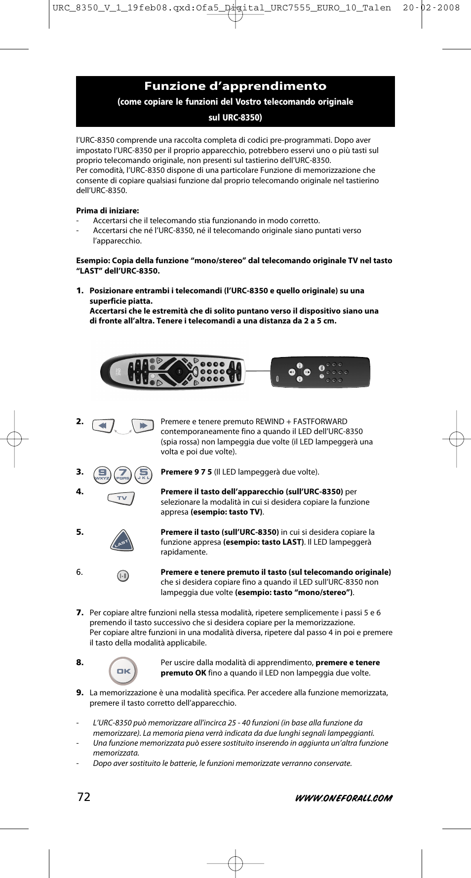 Funzione d’apprendimento | One for All URC-8350 User Manual | Page 73 / 152