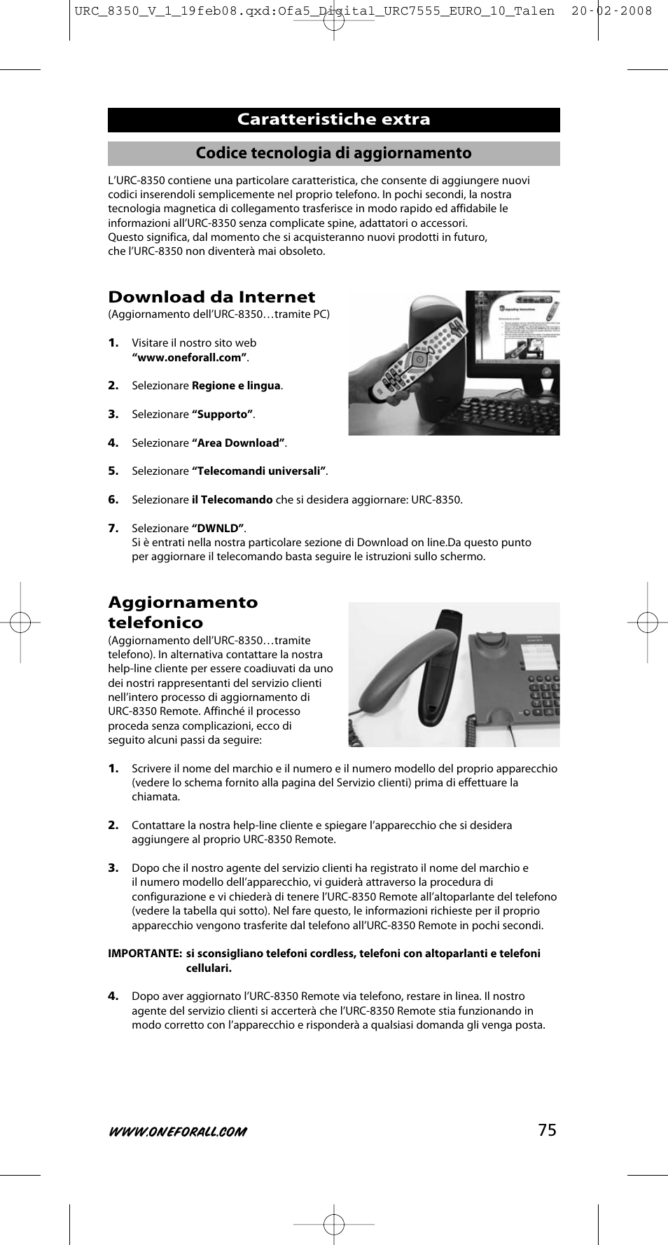 75 caratteristiche extra, Download da internet, Aggiornamento telefonico | Codice tecnologia di aggiornamento | One for All URC-8350 User Manual | Page 76 / 152