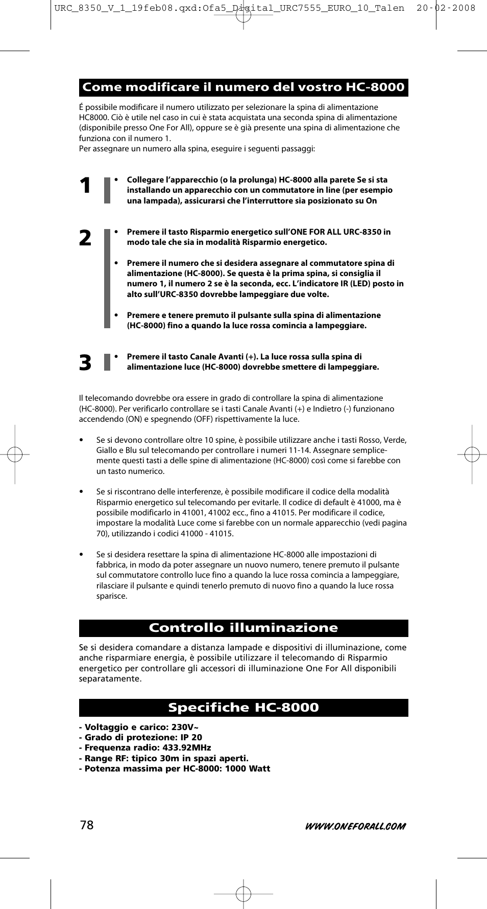 Controllo illuminazione, Specifiche hc-8000, Come modificare il numero del vostro hc-8000 | One for All URC-8350 User Manual | Page 79 / 152