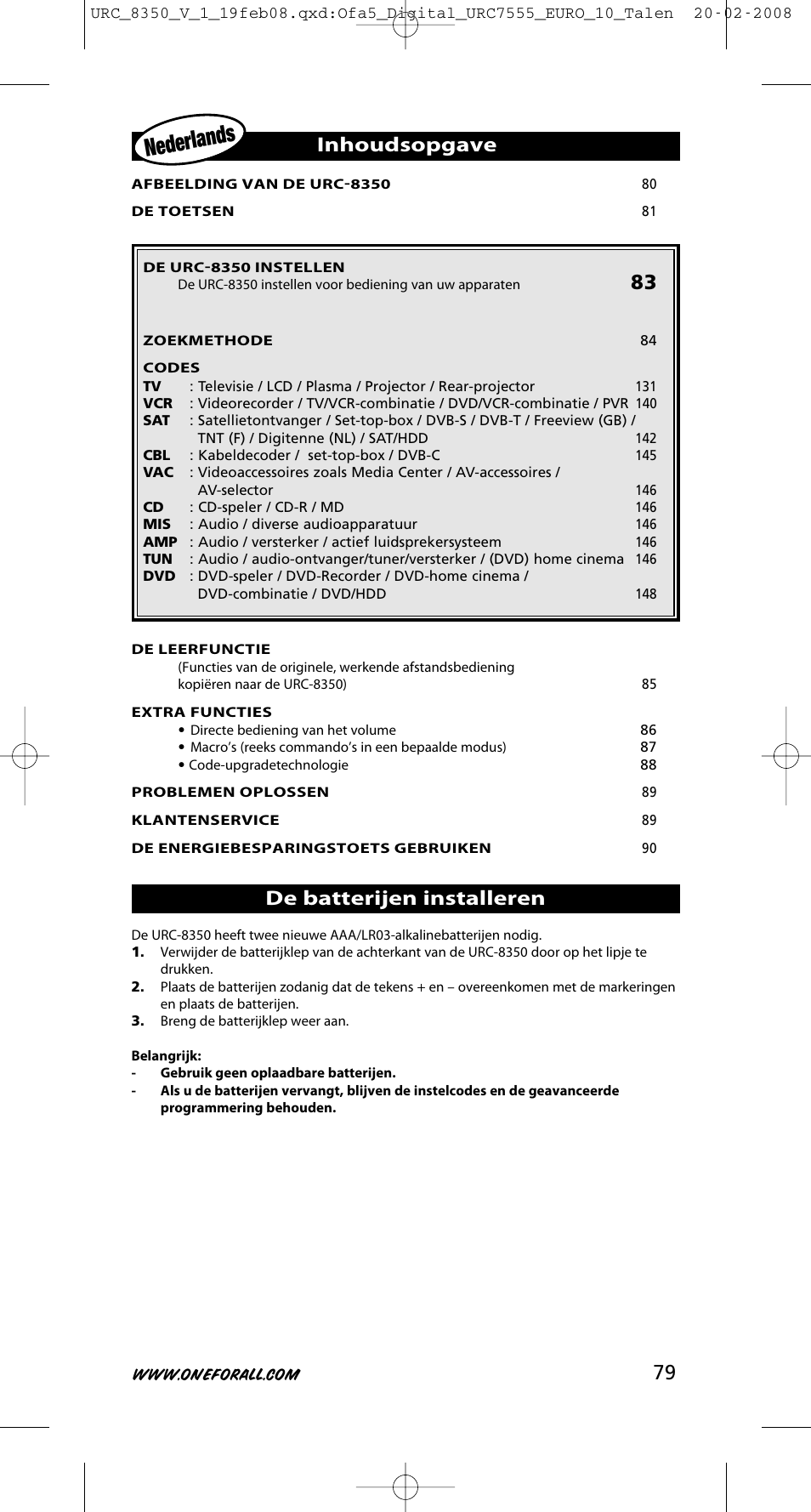 Nederlan ds, Inhoudsopgave, De batterijen installeren | One for All URC-8350 User Manual | Page 80 / 152