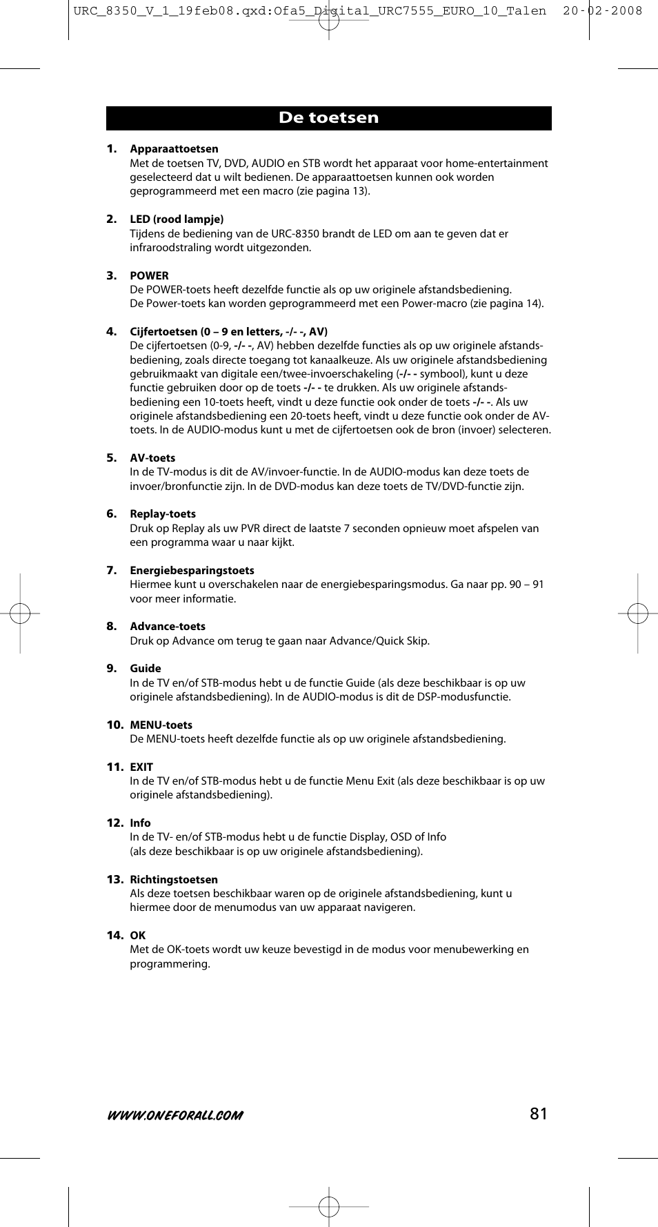 De toetsen | One for All URC-8350 User Manual | Page 82 / 152