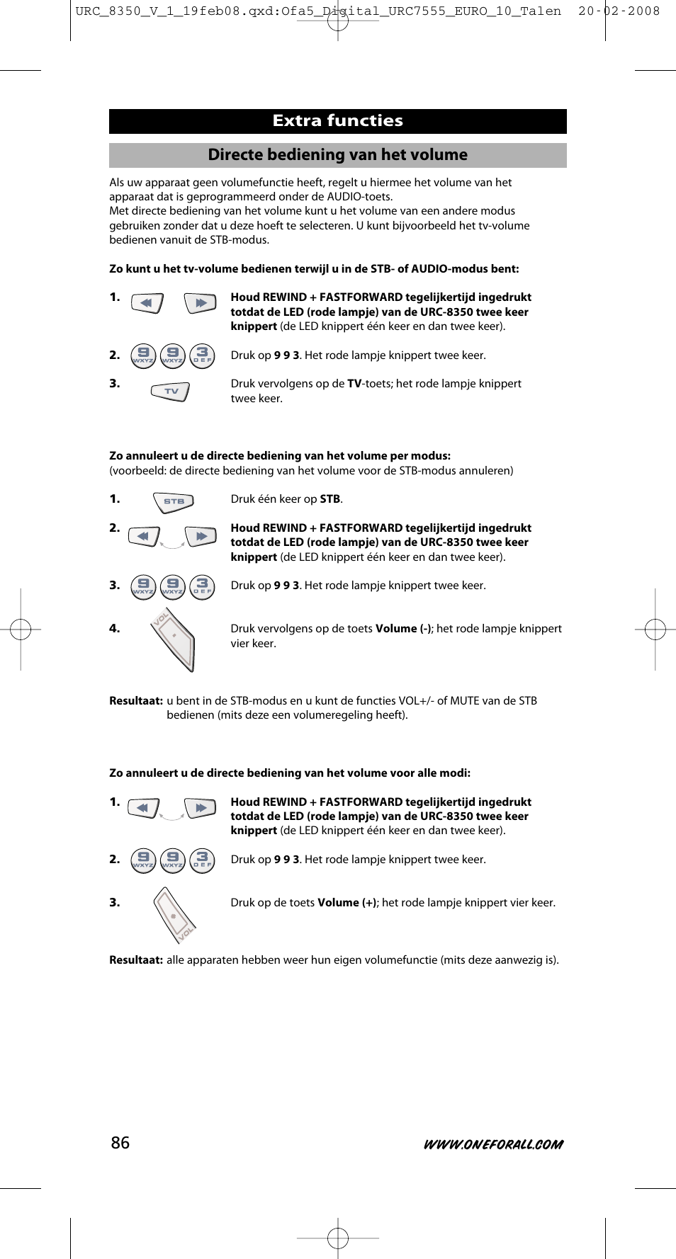 Extra functies, Directe bediening van het volume | One for All URC-8350 User Manual | Page 87 / 152