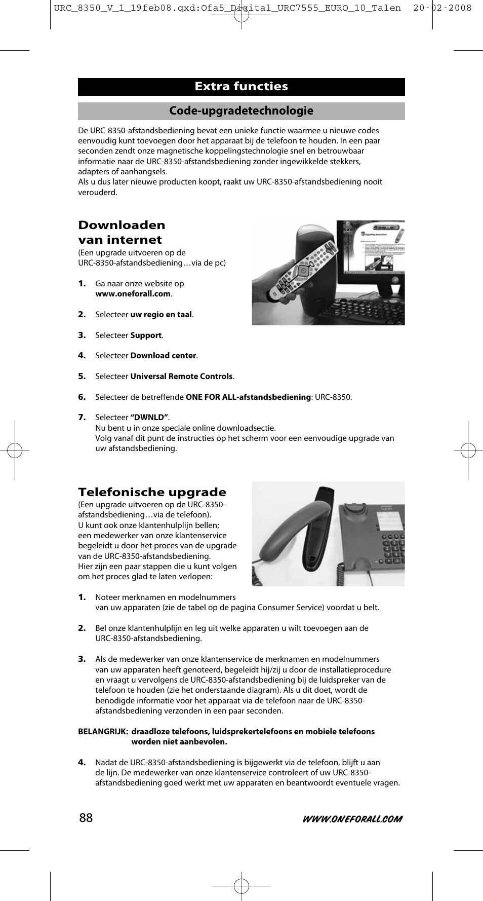 Extra functies, Downloaden van internet, Telefonische upgrade | Code-upgradetechnologie | One for All URC-8350 User Manual | Page 89 / 152