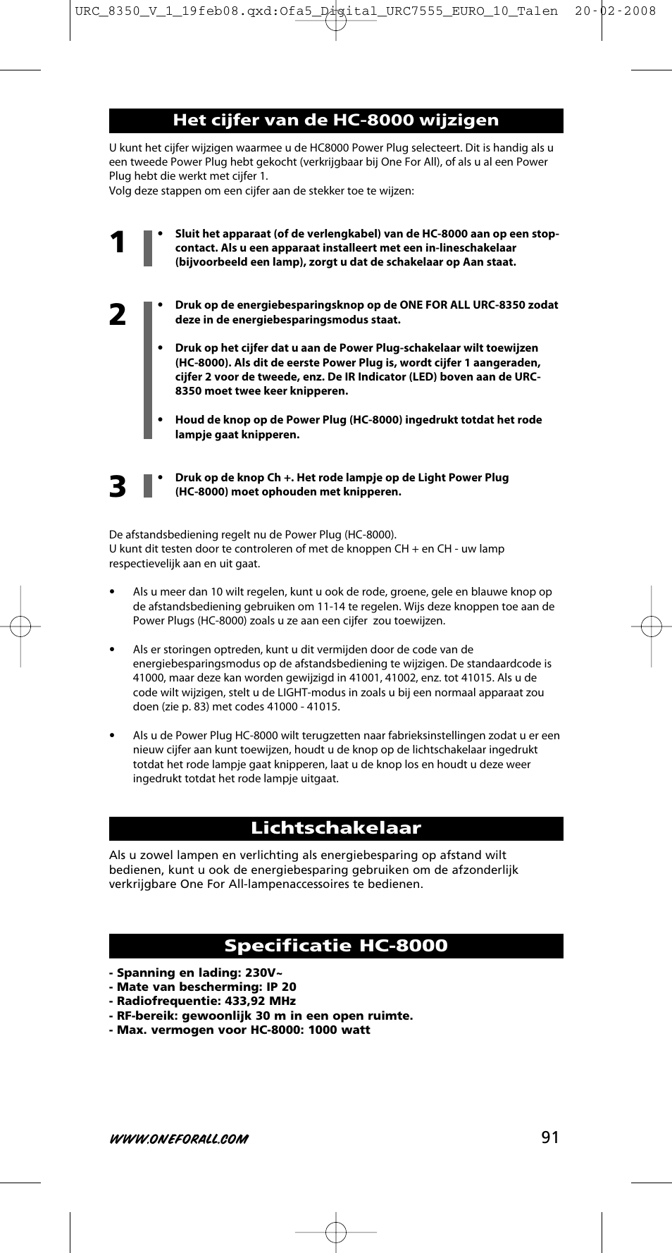 Lichtschakelaar, Specificatie hc-8000, Het cijfer van de hc-8000 wijzigen | One for All URC-8350 User Manual | Page 92 / 152