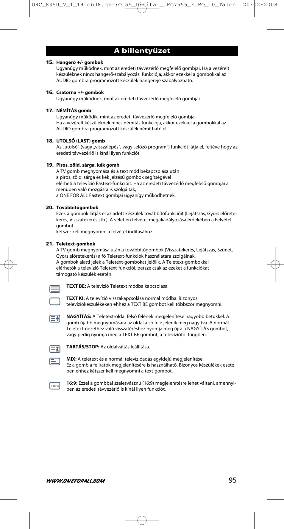 A billentyűzet | One for All URC-8350 User Manual | Page 96 / 152