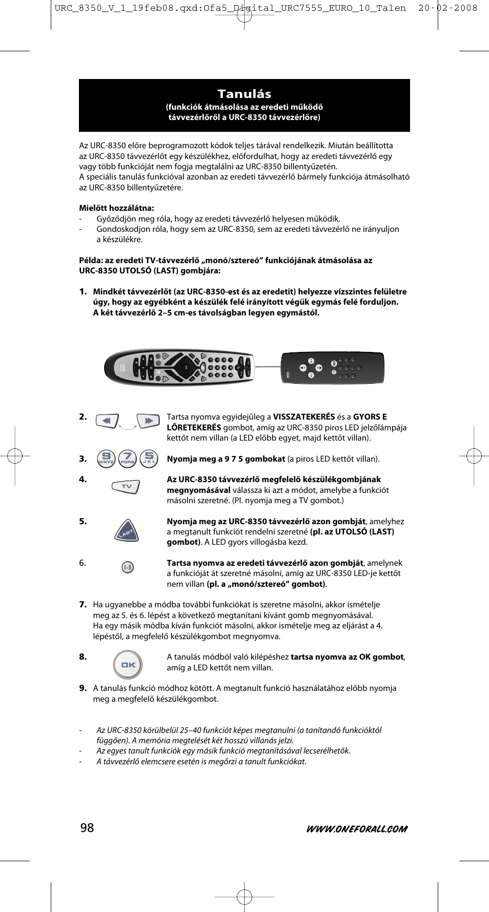 Tanulás | One for All URC-8350 User Manual | Page 99 / 152