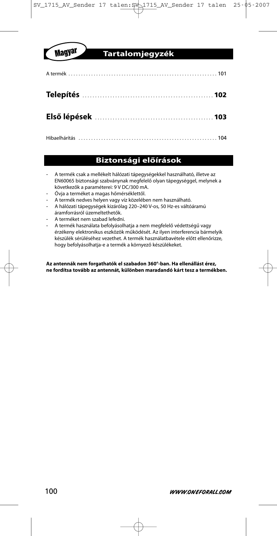 Magyar, Telepítés, Első lépések | Biztonsági előírások, Tartalomjegyzék | One for All SV-1718 User Manual | Page 100 / 110
