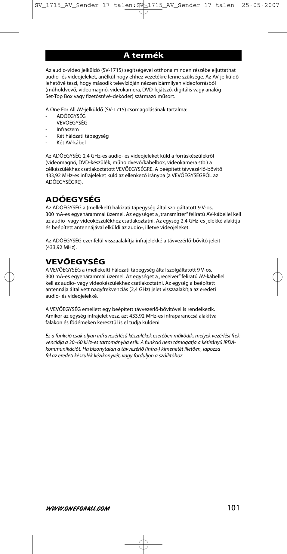 Adóegység, Vevőegység, A termék | One for All SV-1718 User Manual | Page 101 / 110