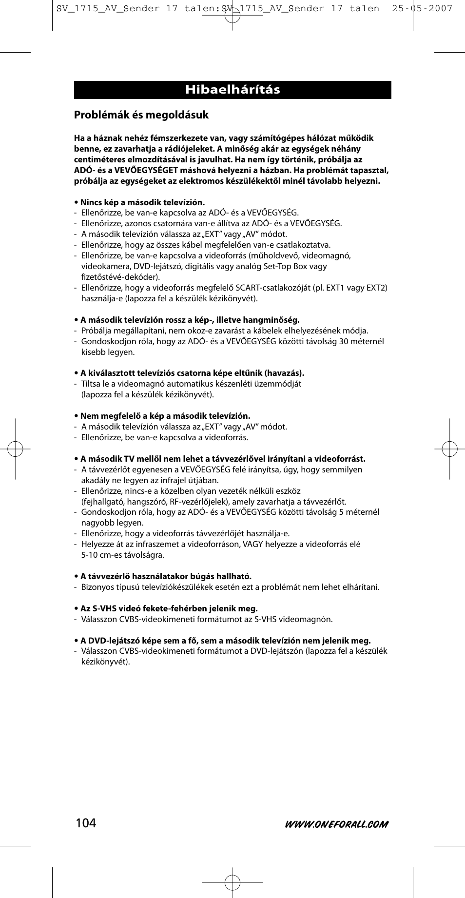 Hibaelhárítás, Problémák és megoldásuk | One for All SV-1718 User Manual | Page 104 / 110