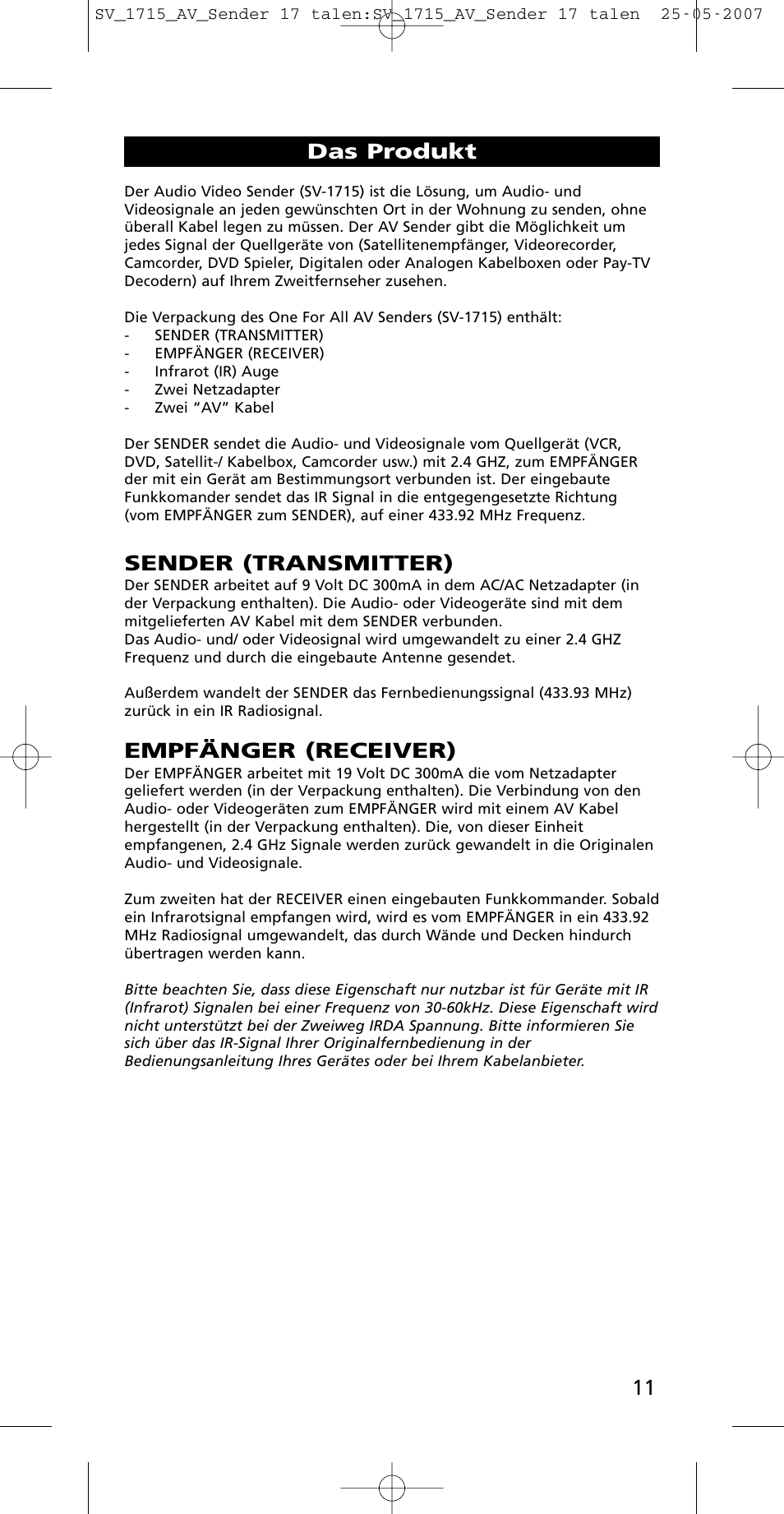 Sender (transmitter), Empfänger (receiver), Das produkt | One for All SV-1718 User Manual | Page 11 / 110