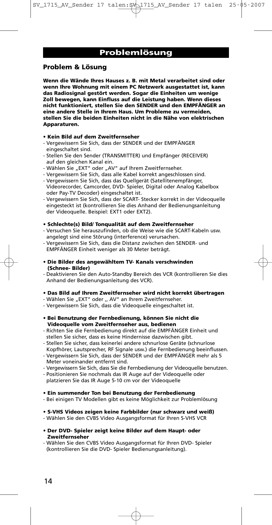 Problemlösung, Problem & lösung | One for All SV-1718 User Manual | Page 14 / 110