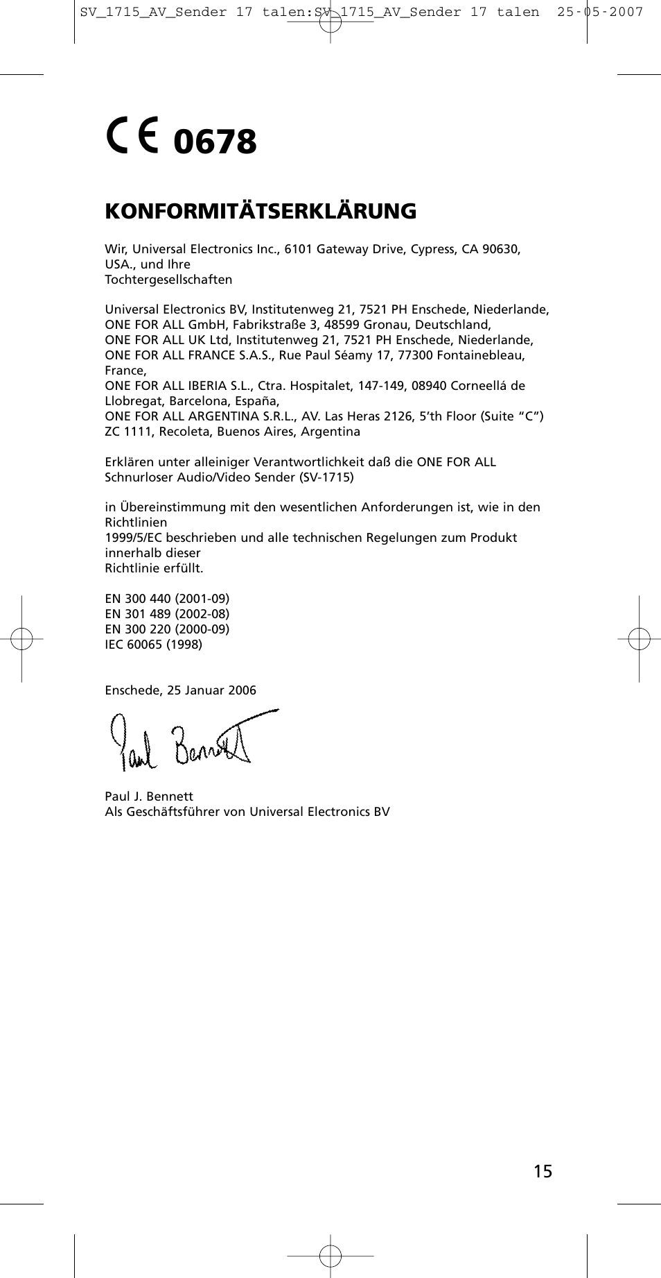 Konformitätserklärung | One for All SV-1718 User Manual | Page 15 / 110