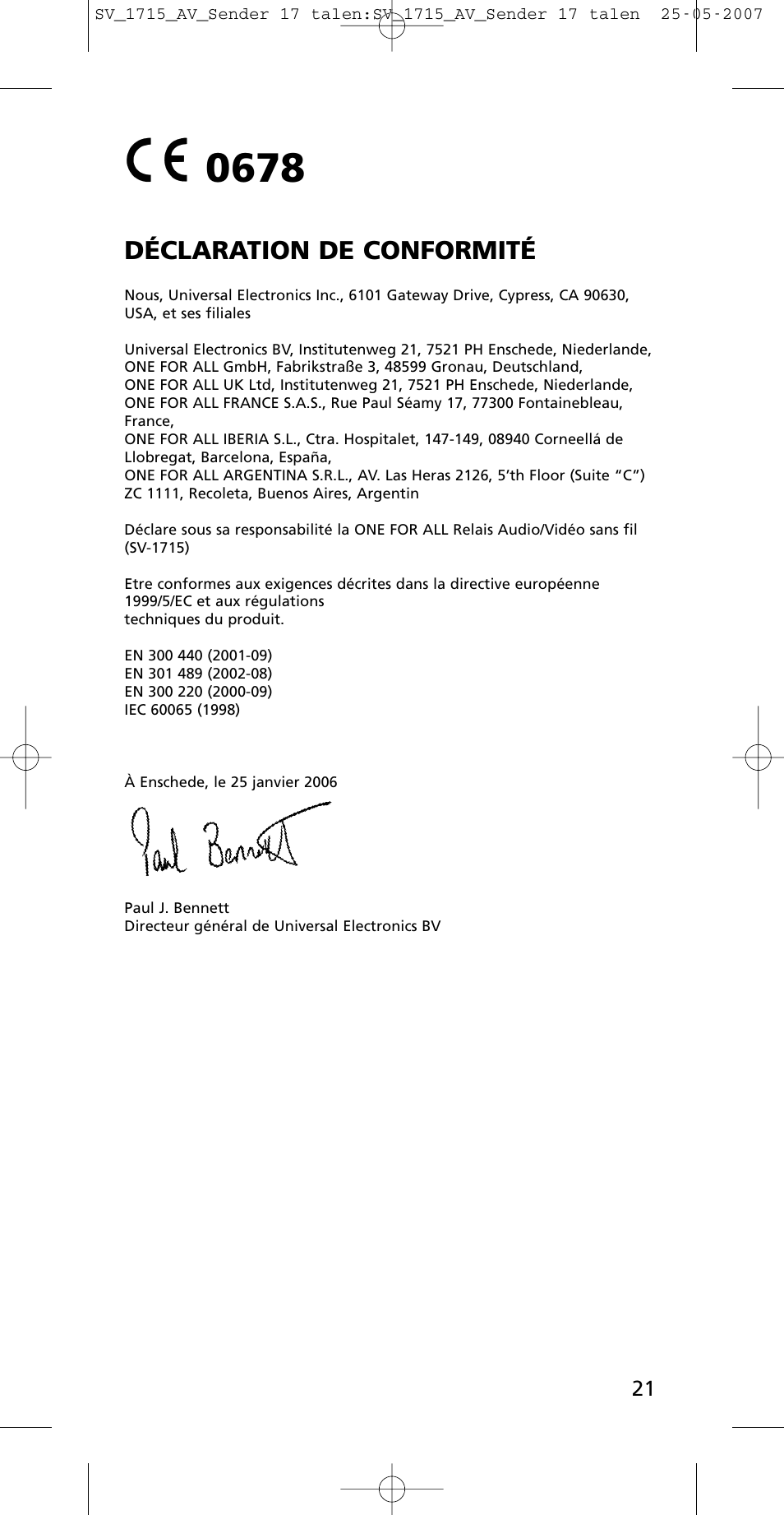 Déclaration de conformité | One for All SV-1718 User Manual | Page 21 / 110