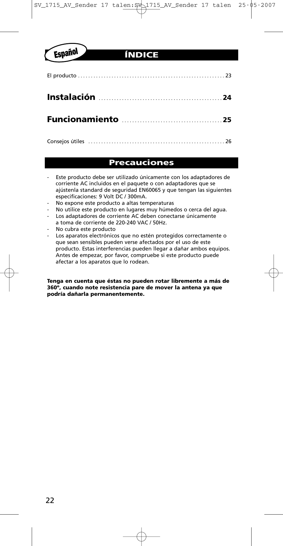 Español, Instalación, Funcionamiento | Precauciones, Índice | One for All SV-1718 User Manual | Page 22 / 110