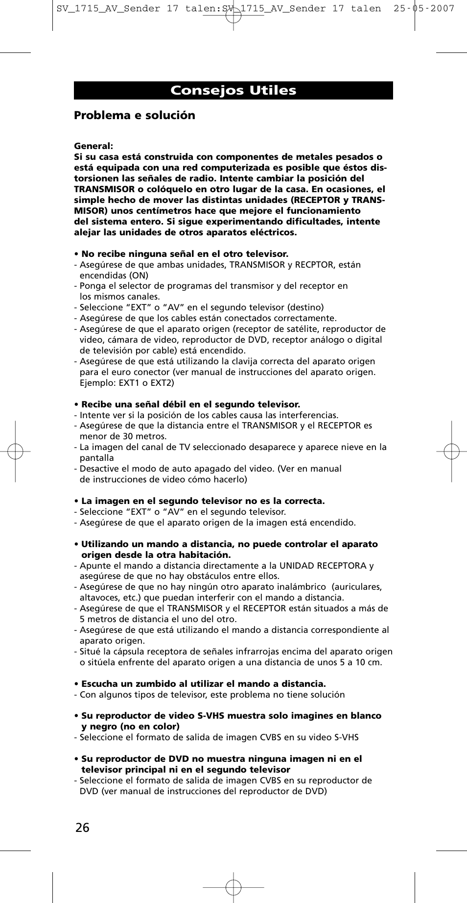 Consejos utiles, Problema e solución | One for All SV-1718 User Manual | Page 26 / 110
