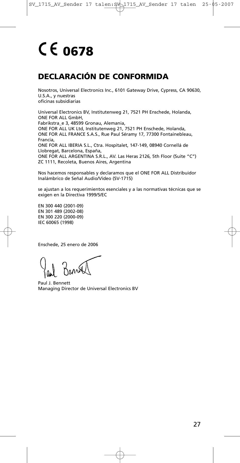 Declaración de conformida | One for All SV-1718 User Manual | Page 27 / 110