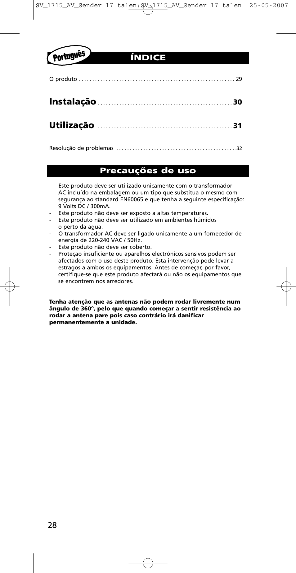 Portugu ês, Instalação, Utilização | Precauções de uso, Índice | One for All SV-1718 User Manual | Page 28 / 110