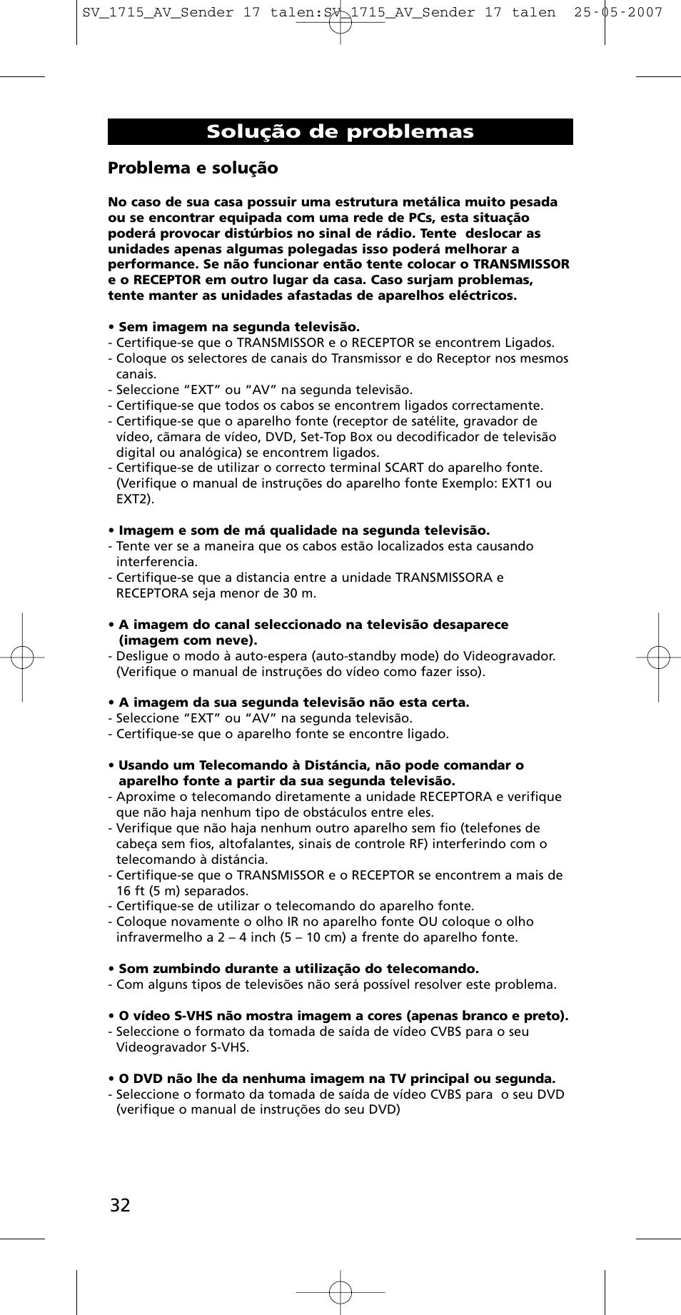 Solução de problemas, Problema e solução | One for All SV-1718 User Manual | Page 32 / 110