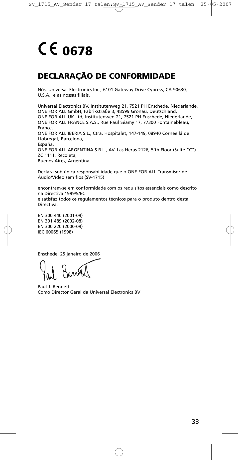 Declaração de conformidade | One for All SV-1718 User Manual | Page 33 / 110