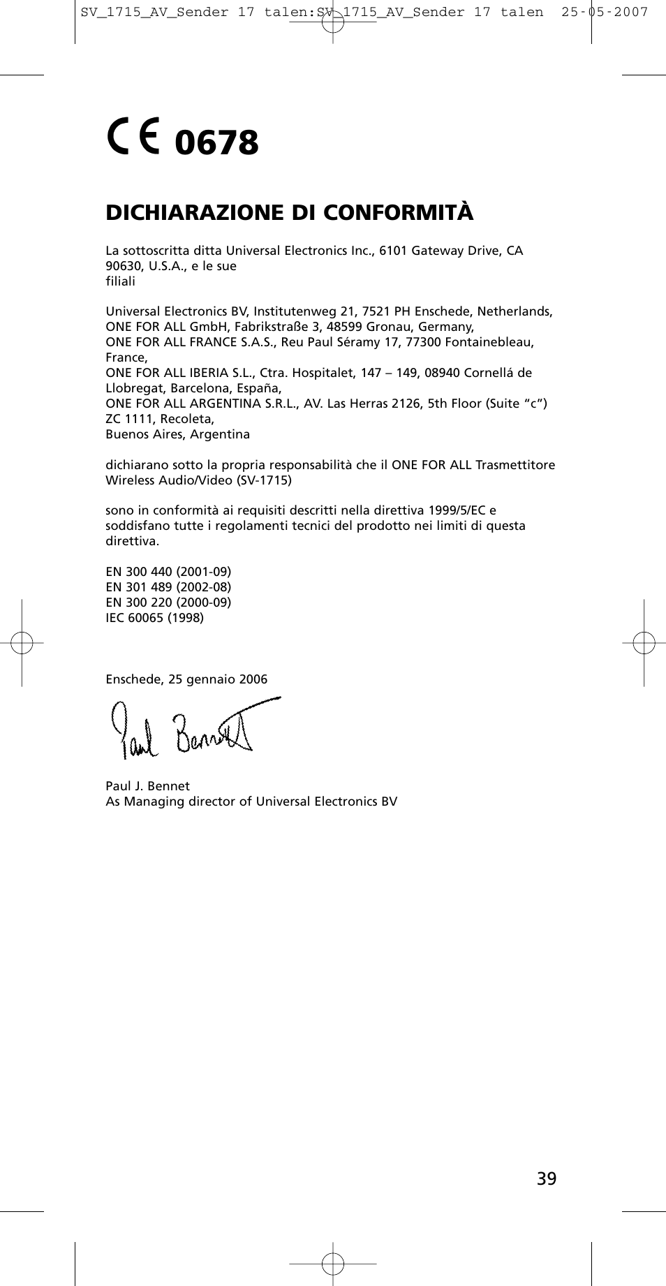 Dichiarazione di conformità | One for All SV-1718 User Manual | Page 39 / 110
