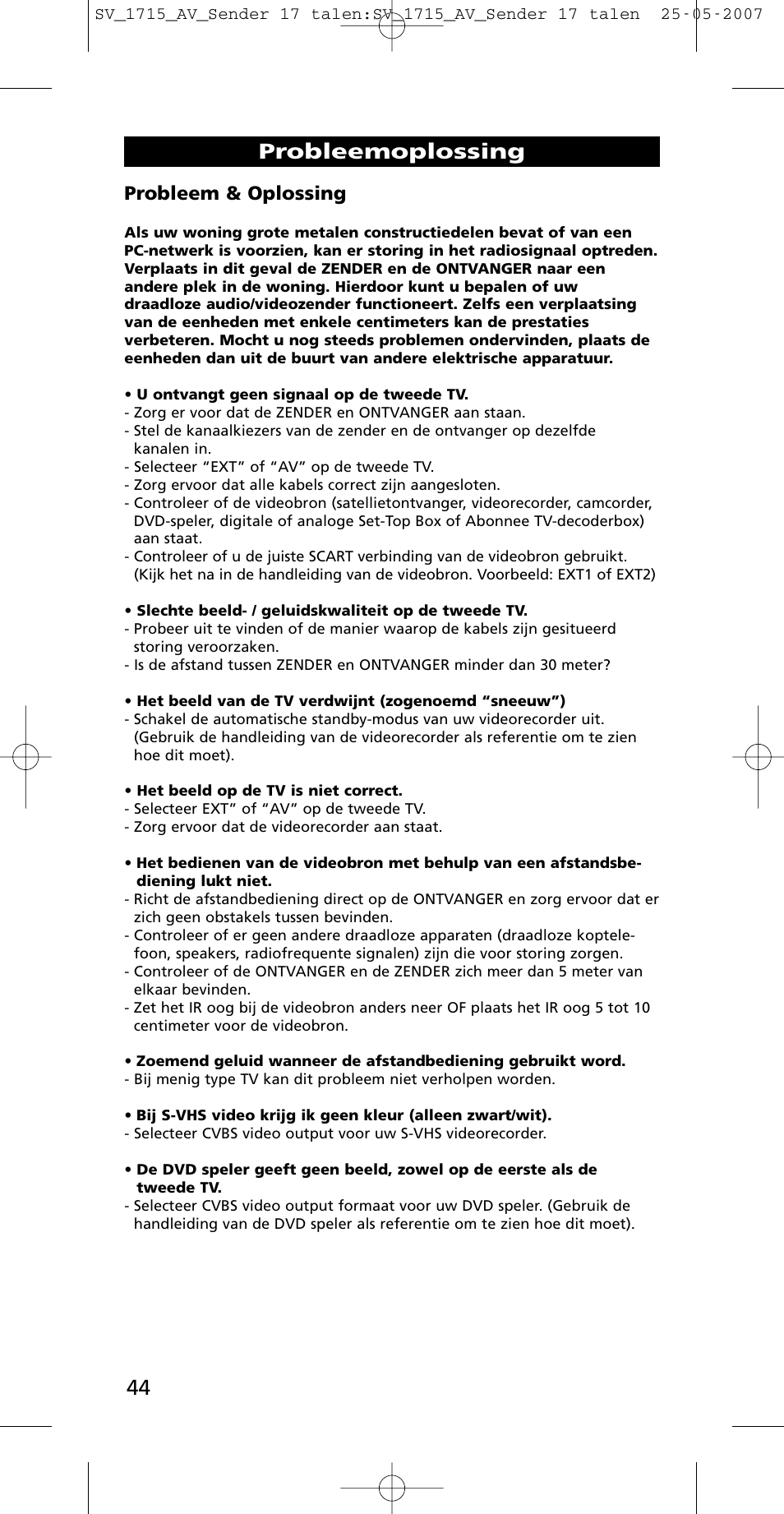 Probleemoplossing, Probleem & oplossing | One for All SV-1718 User Manual | Page 44 / 110