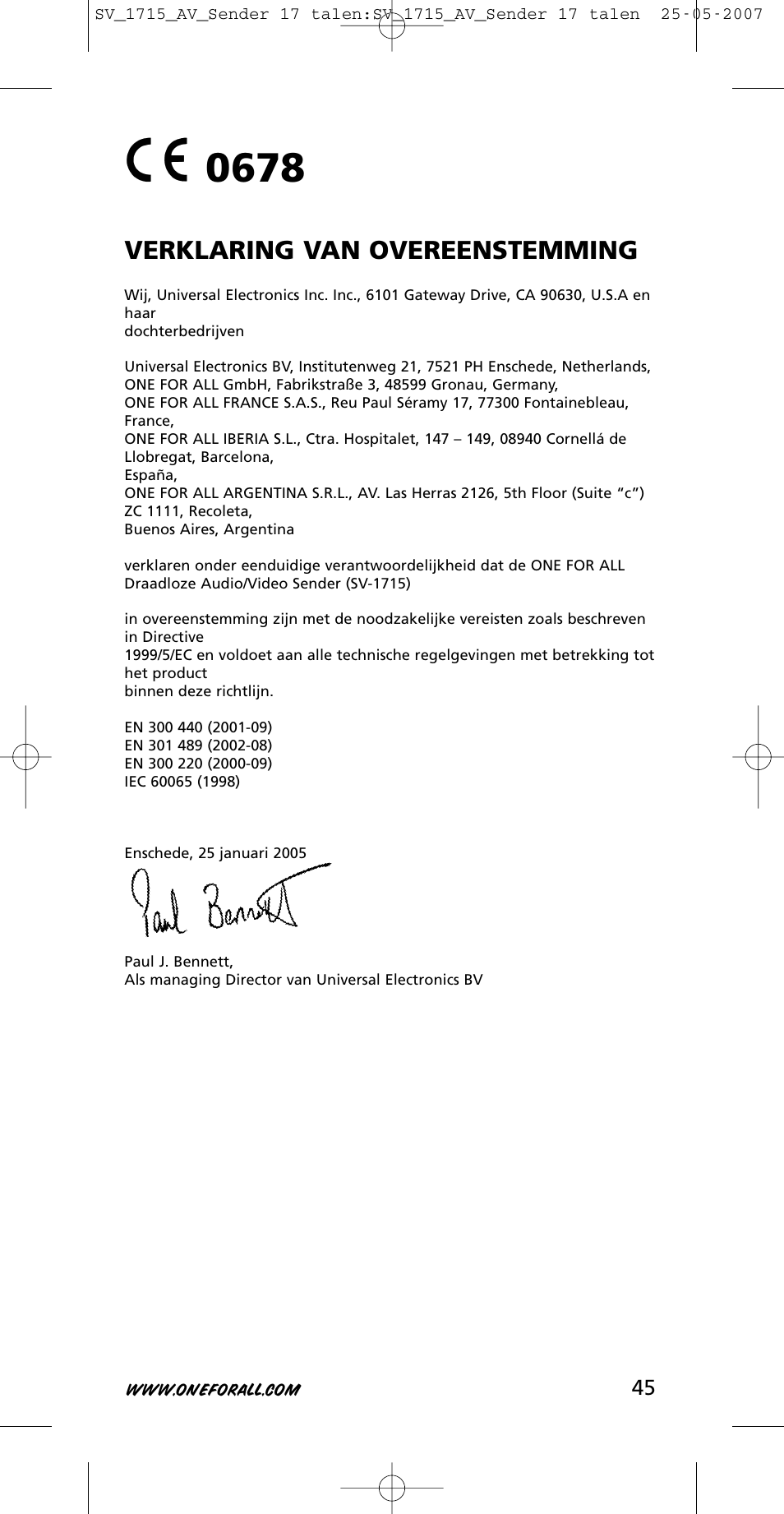 Verklaring van overeenstemming | One for All SV-1718 User Manual | Page 45 / 110