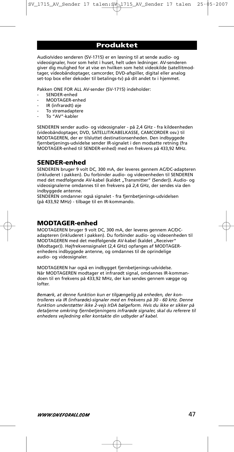 Sender-enhed, Modtager-enhed, Produktet | One for All SV-1718 User Manual | Page 47 / 110