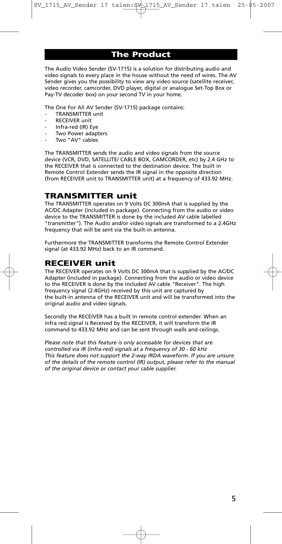 Transmitter unit, Receiver unit, The product | One for All SV-1718 User Manual | Page 5 / 110