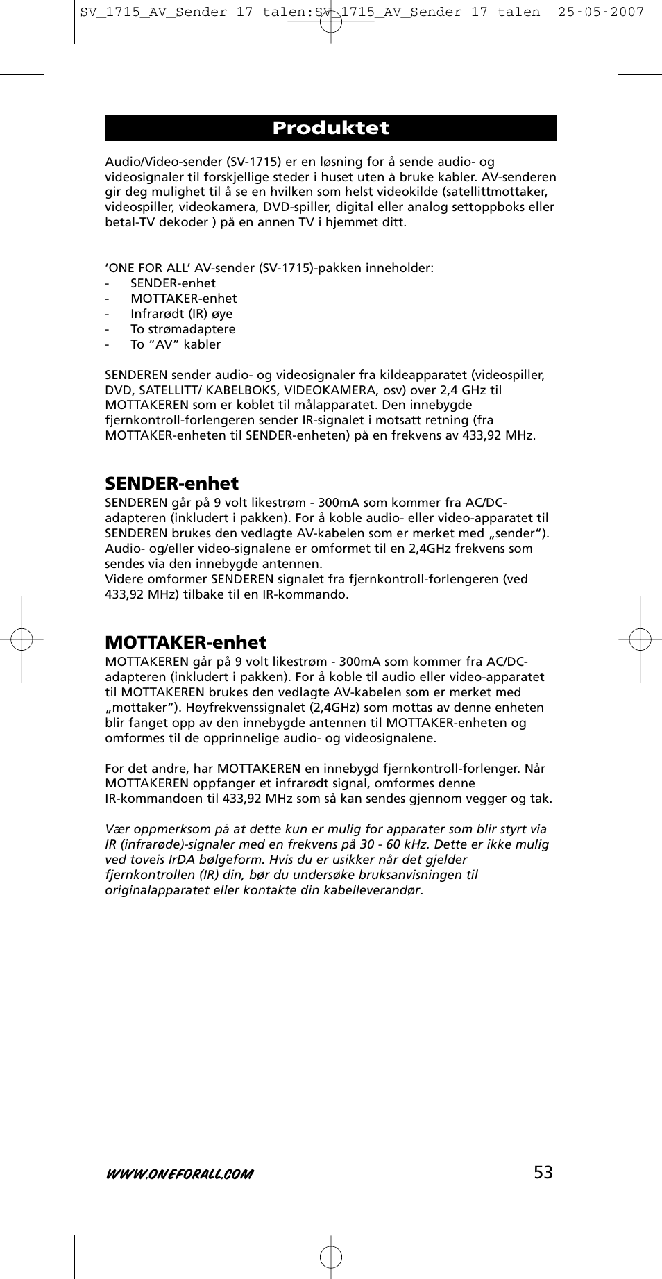 Sender-enhet, Mottaker-enhet, Produktet | One for All SV-1718 User Manual | Page 53 / 110