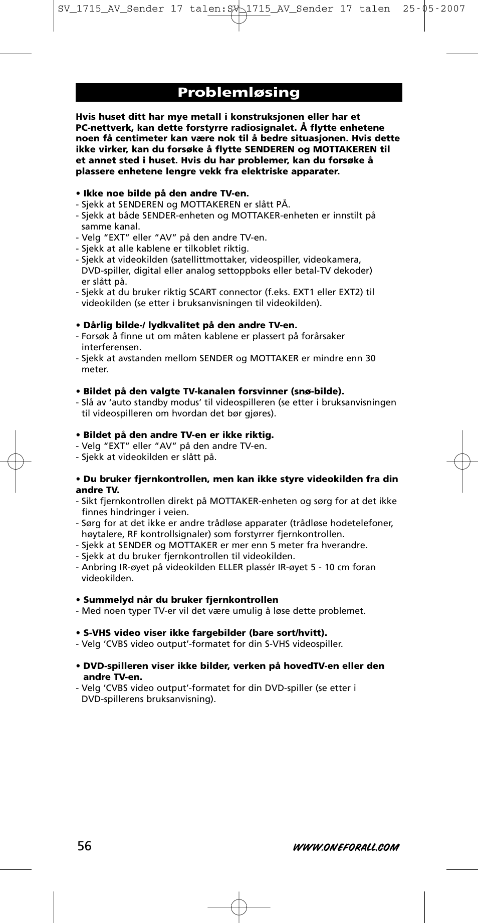 Problemløsing | One for All SV-1718 User Manual | Page 56 / 110