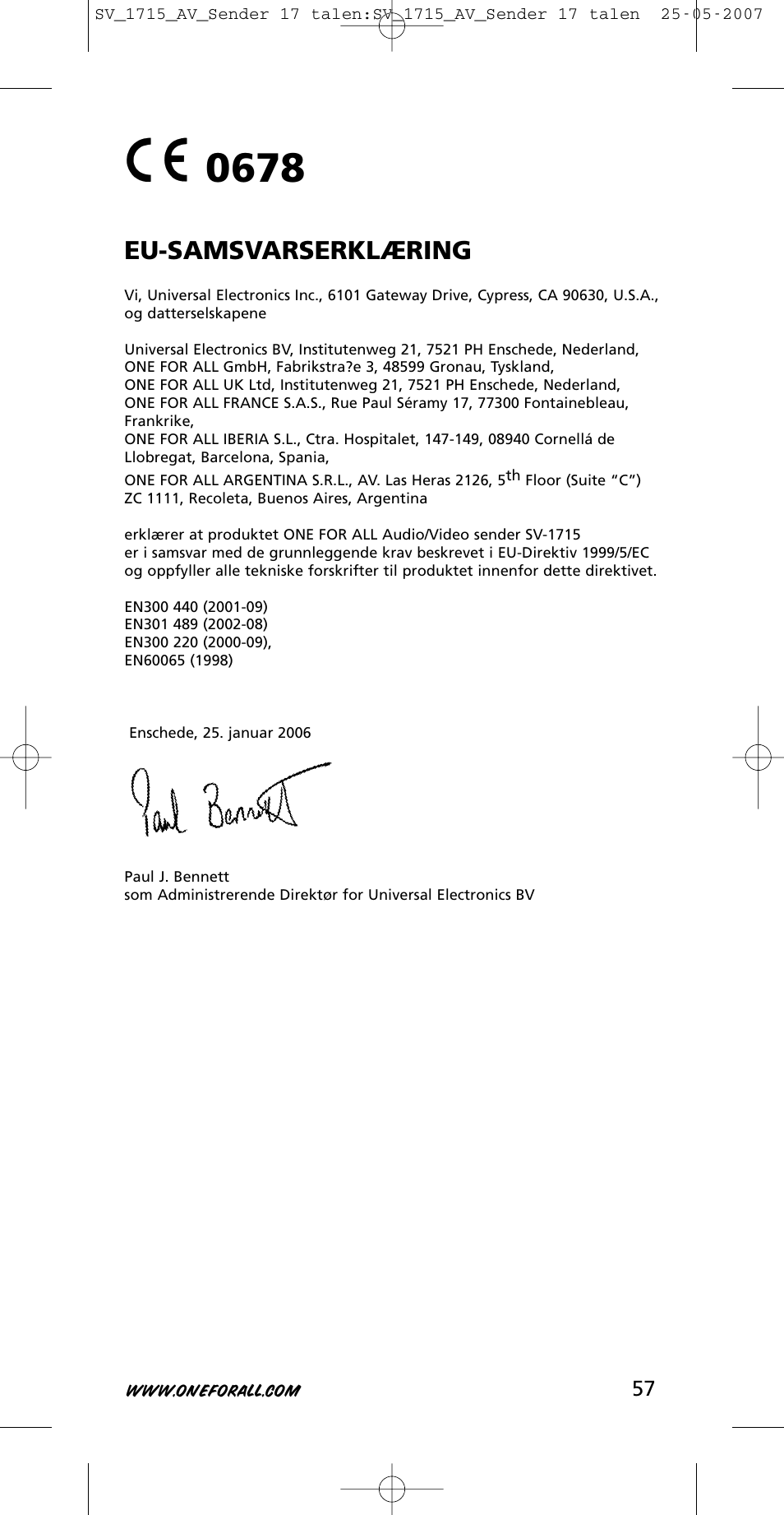 Eu-samsvarserklæring | One for All SV-1718 User Manual | Page 57 / 110