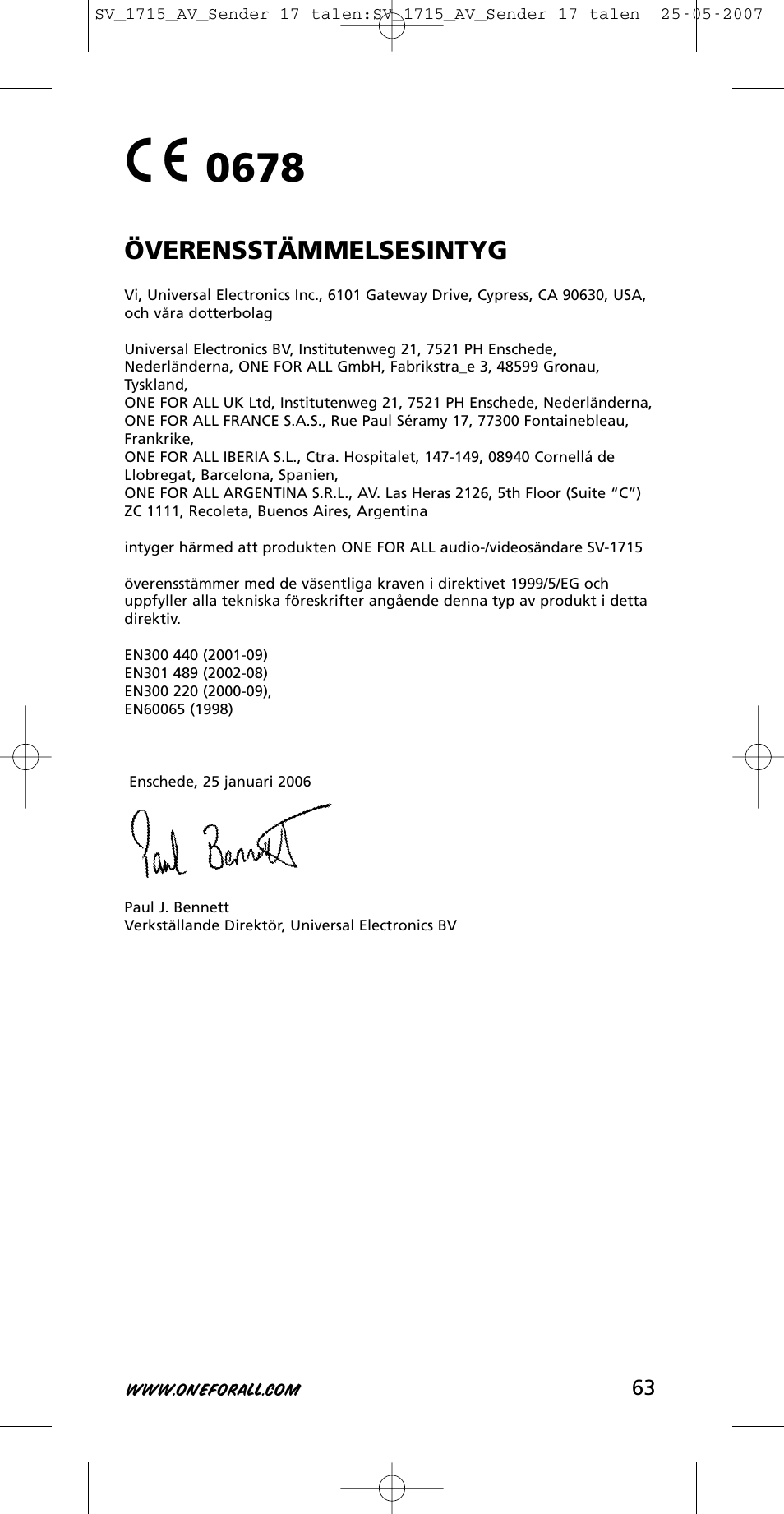 Överensstämmelsesintyg | One for All SV-1718 User Manual | Page 63 / 110