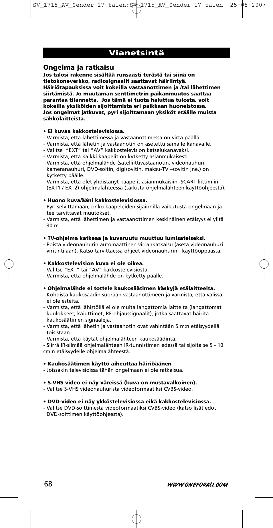 Vianetsintä, Ongelma ja ratkaisu | One for All SV-1718 User Manual | Page 68 / 110