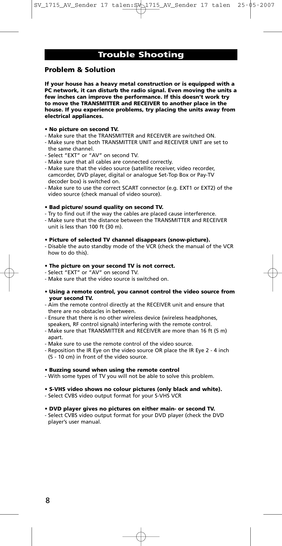 Trouble shooting, Problem & solution | One for All SV-1718 User Manual | Page 8 / 110