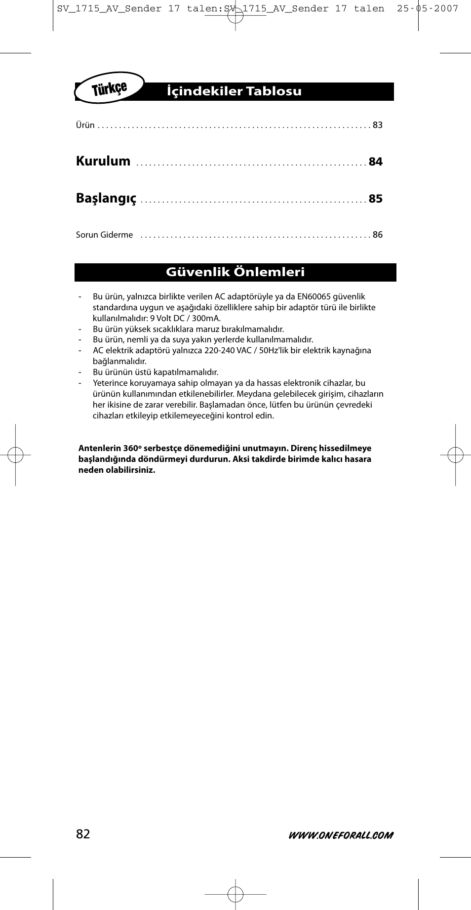 Türkçe, Kurulum, Başlangıç | Güvenlik önlemleri, Içindekiler tablosu | One for All SV-1718 User Manual | Page 82 / 110