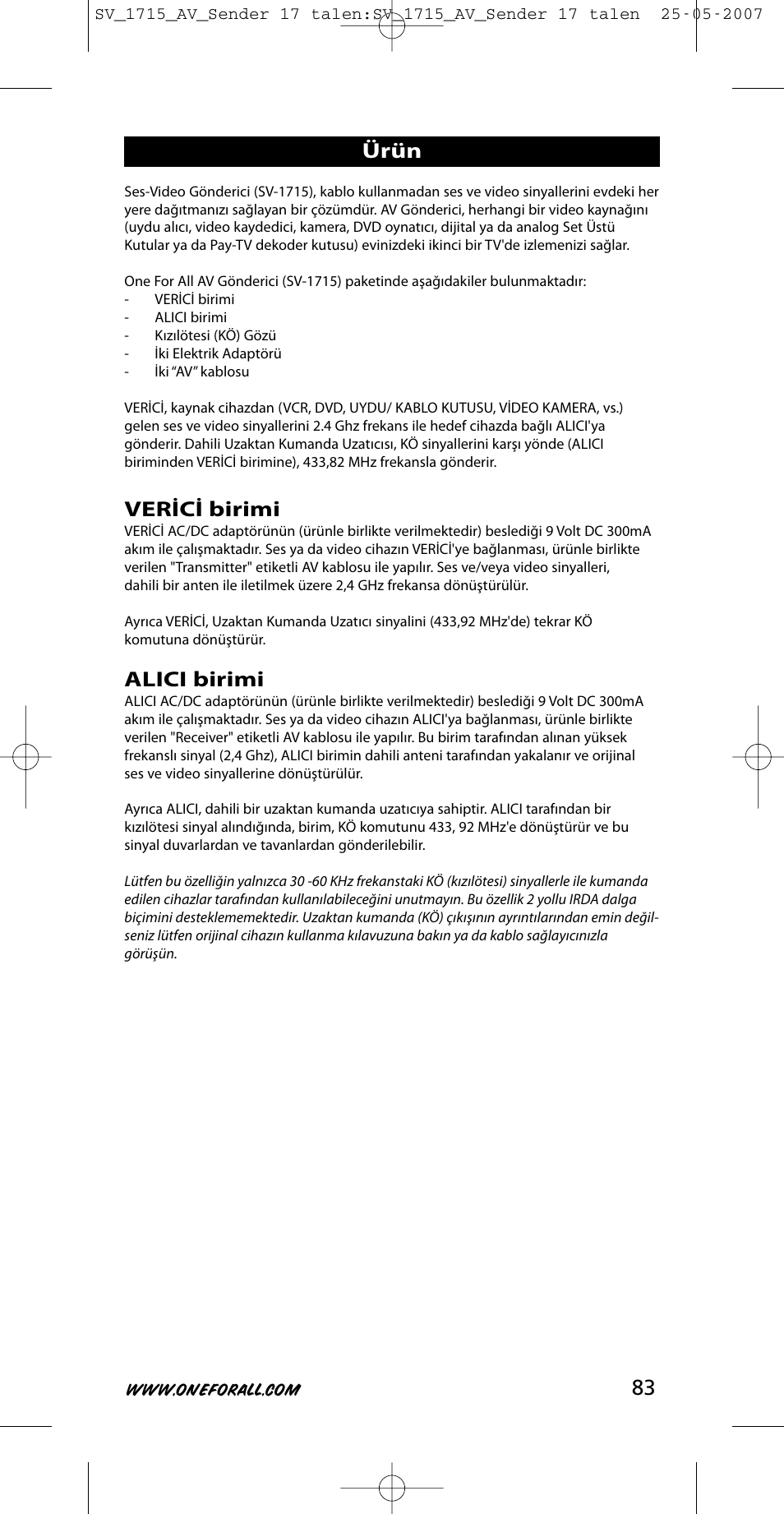 Verici birimi, Alici birimi, Ürün | One for All SV-1718 User Manual | Page 83 / 110