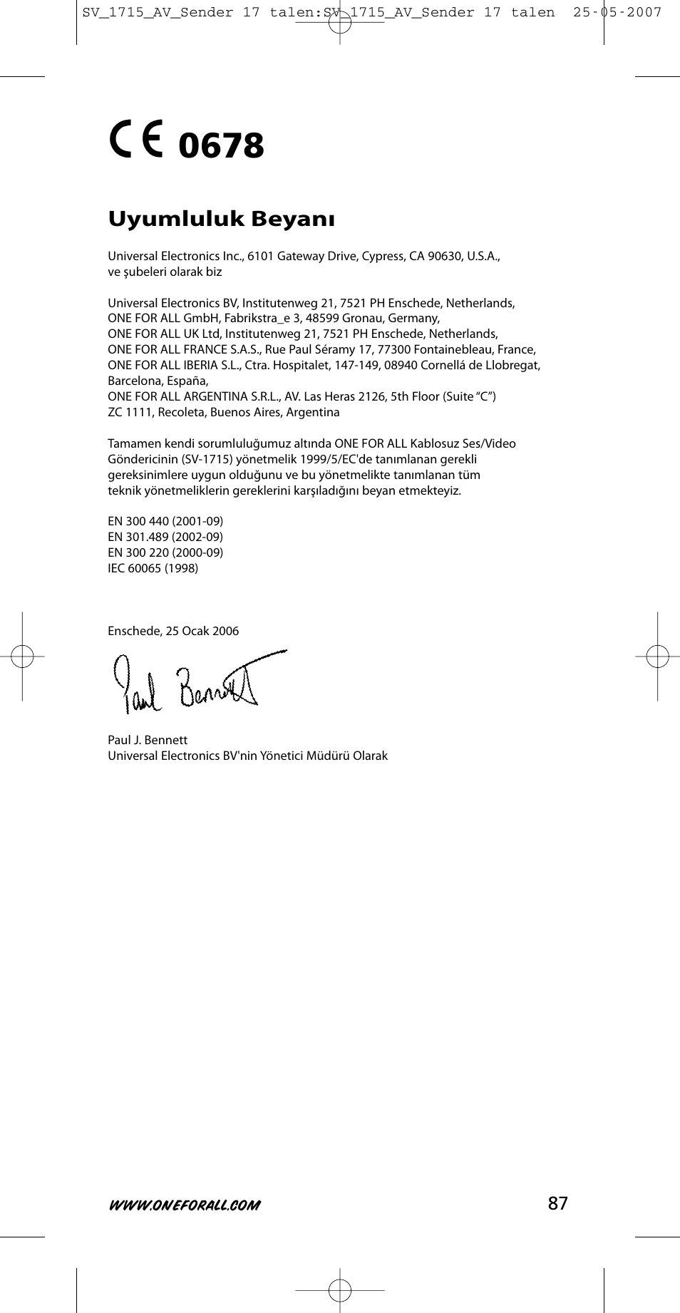 Uyumluluk beyanı | One for All SV-1718 User Manual | Page 87 / 110