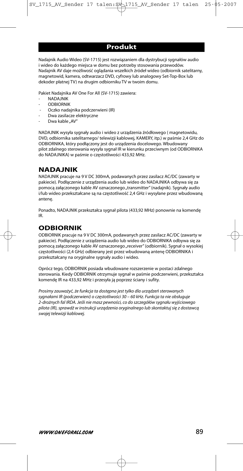 Nadajnik, Odbiornik, Produkt | One for All SV-1718 User Manual | Page 89 / 110