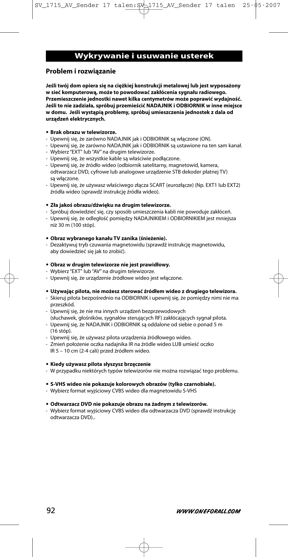 Wykrywanie i usuwanie usterek, Problem i rozwiązanie | One for All SV-1718 User Manual | Page 92 / 110