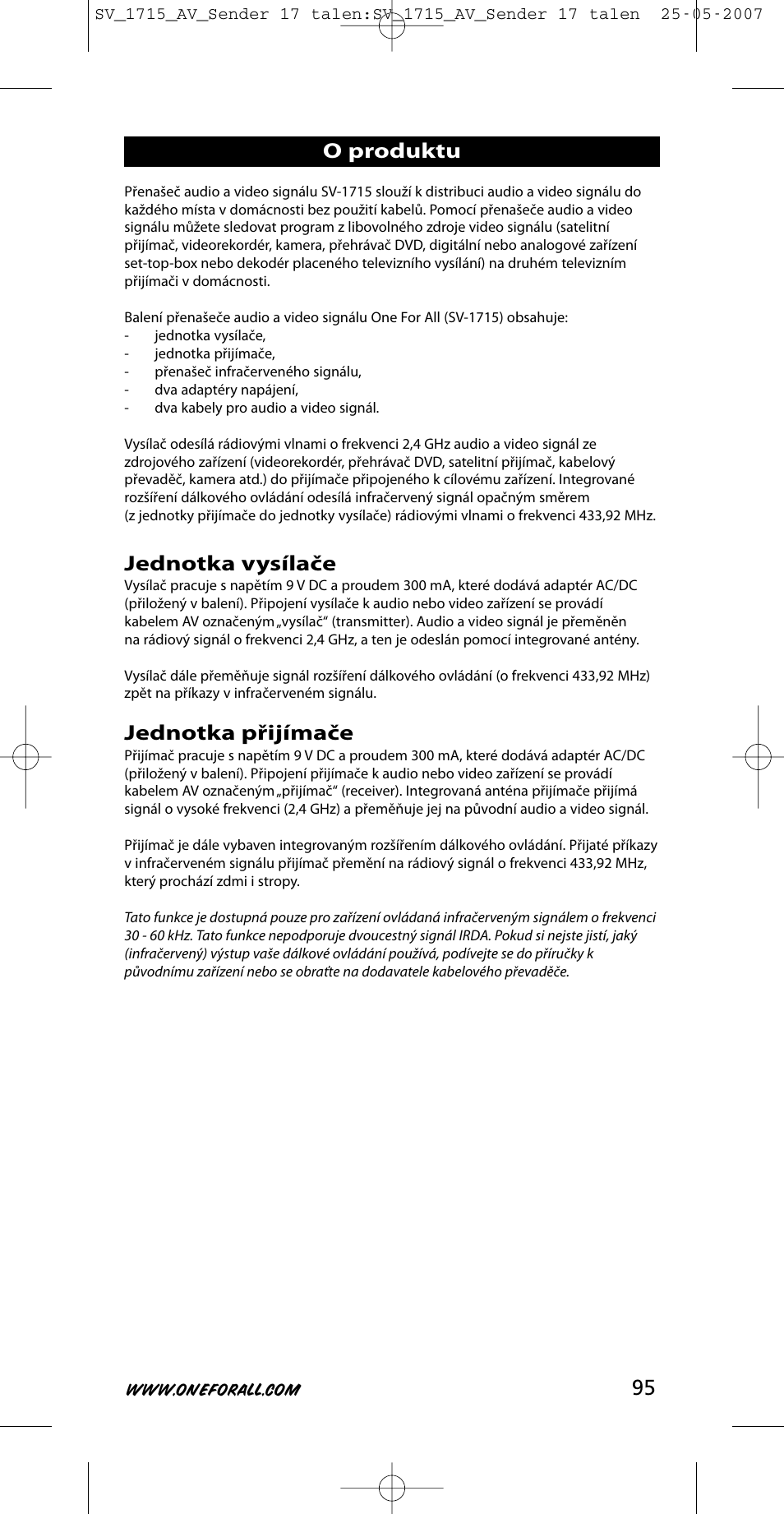 Jednotka vysílače, Jednotka přijímače, O produktu | One for All SV-1718 User Manual | Page 95 / 110