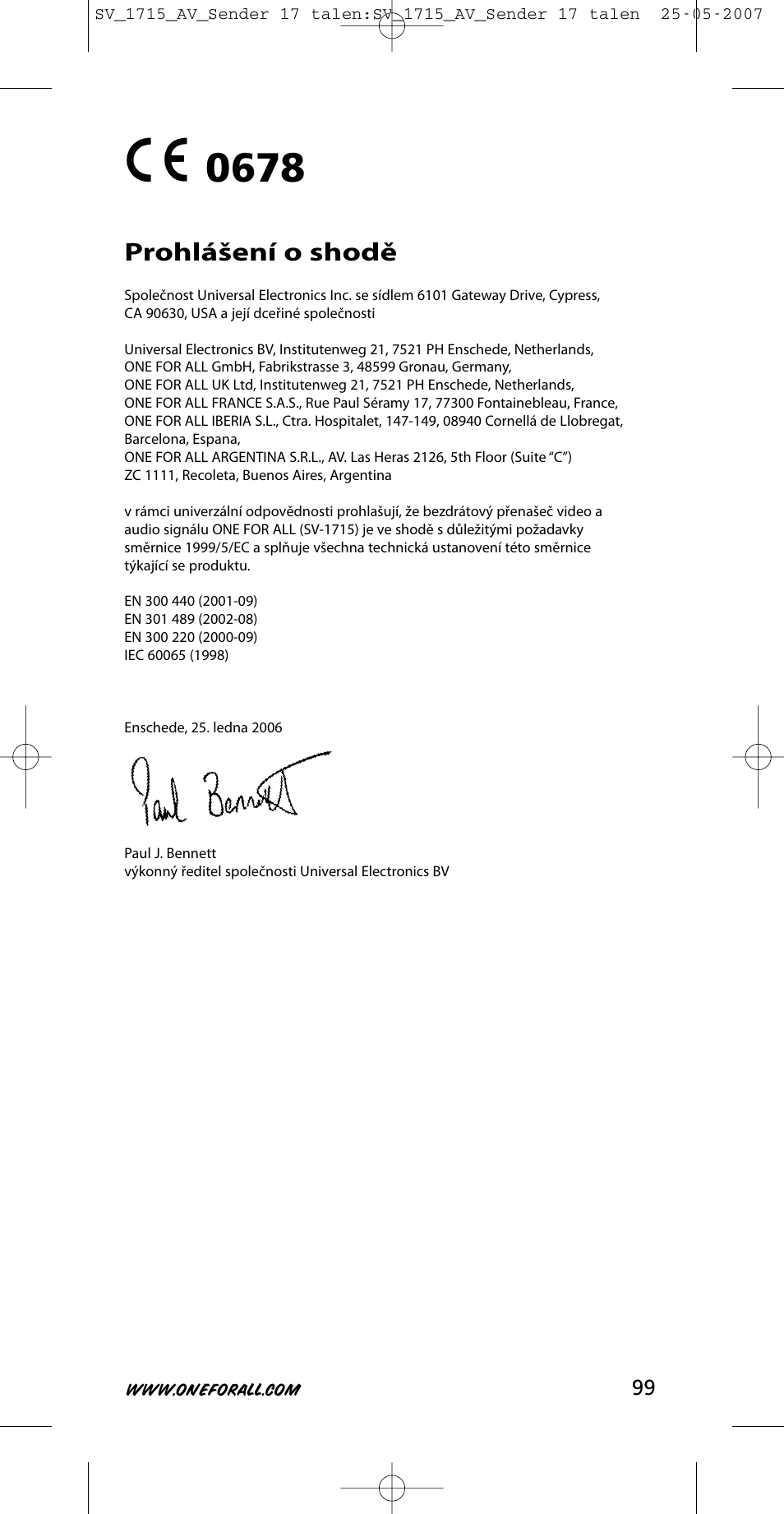 Prohlášení o shodě | One for All SV-1718 User Manual | Page 99 / 110