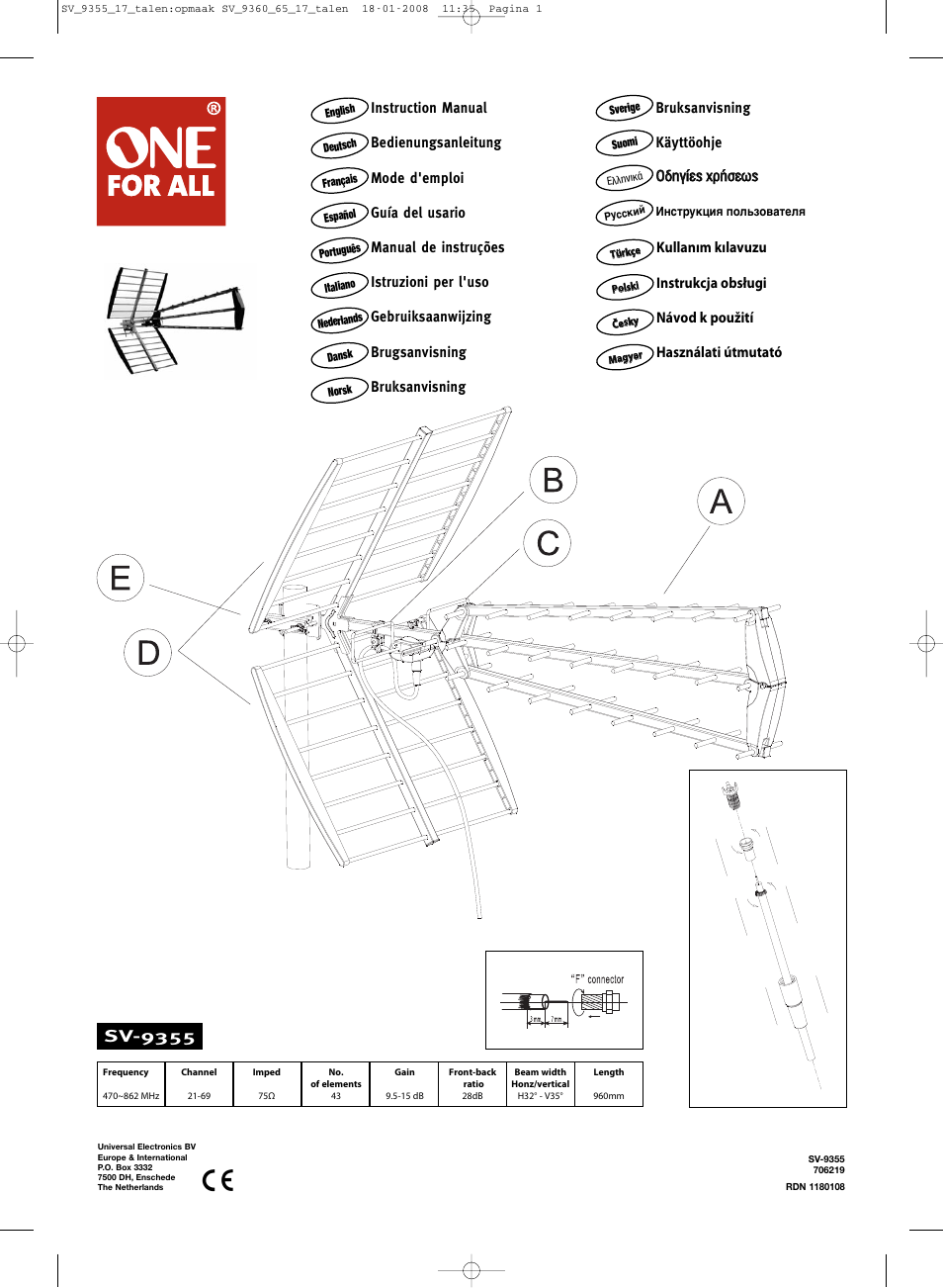 One for All 706219 User Manual | 2 pages