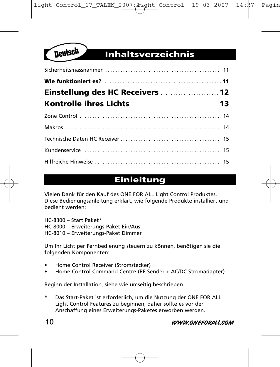 Deutsch, Einstellung des hc receivers, 12 kontrolle ihres lichts | Inhaltsverzeichnis einleitung | One for All HC-8000 User Manual | Page 10 / 114