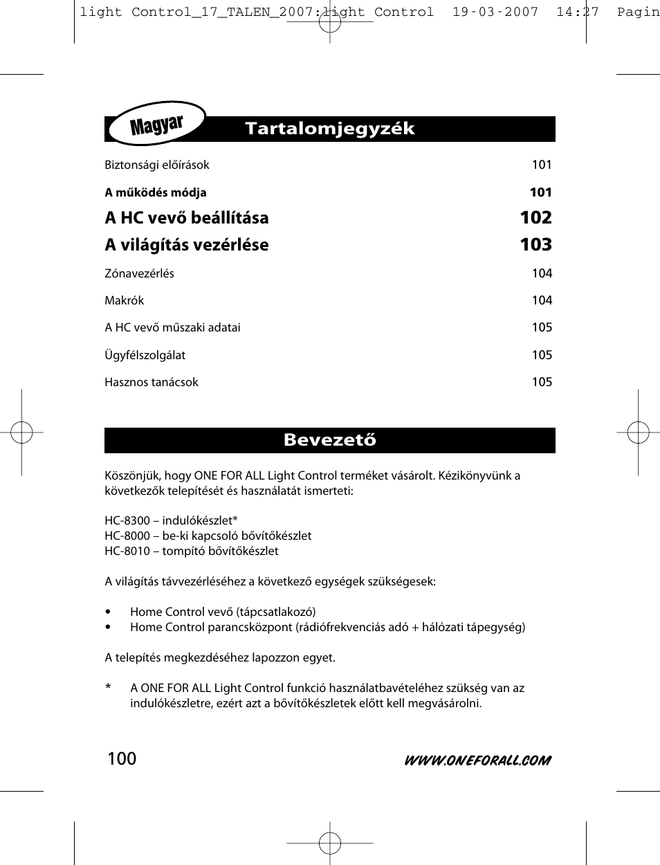 Magyar, Tartalomjegyzék bevezető | One for All HC-8000 User Manual | Page 100 / 114