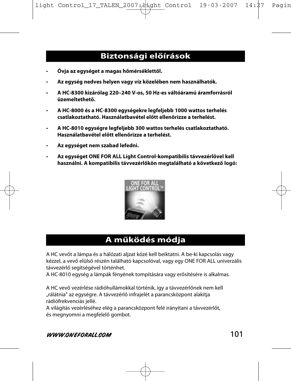 Biztonsági előírások a működés módja | One for All HC-8000 User Manual | Page 101 / 114