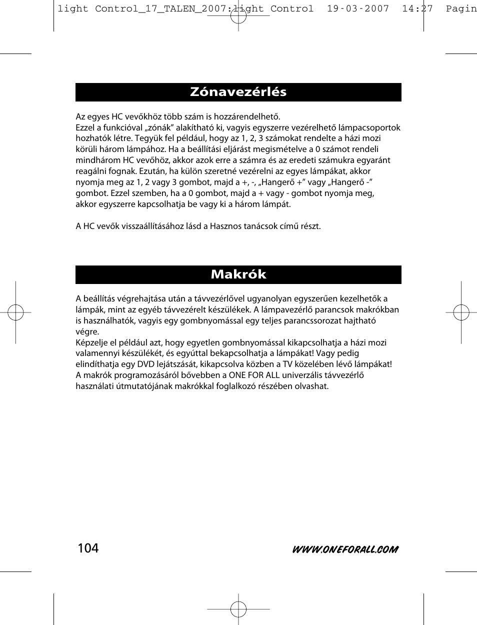 Zónavezérlés makrók | One for All HC-8000 User Manual | Page 104 / 114