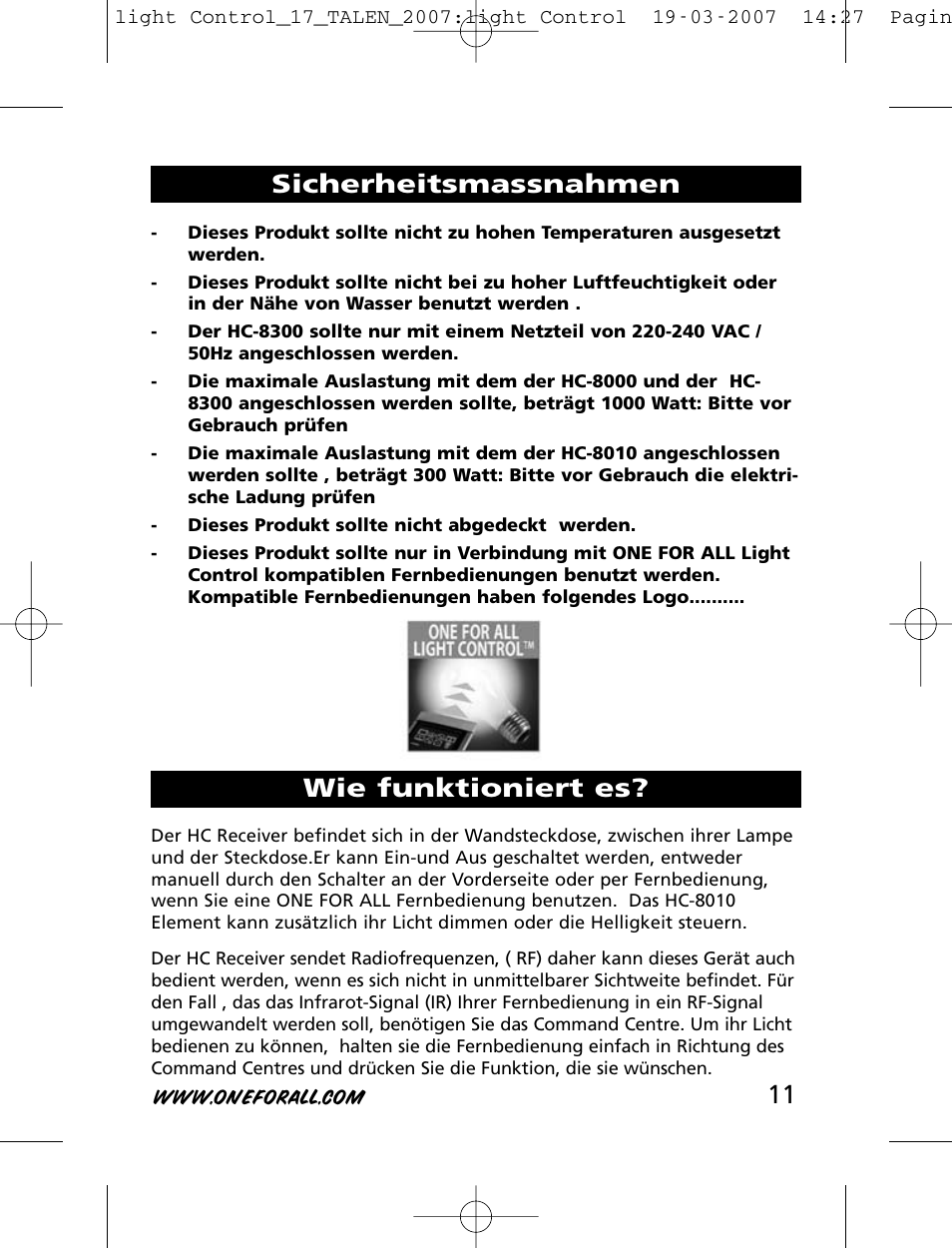 Sicherheitsmassnahmen wie funktioniert es | One for All HC-8000 User Manual | Page 11 / 114