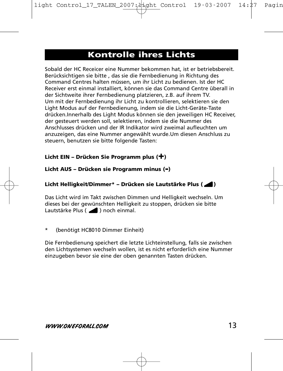 Kontrolle ihres lichts | One for All HC-8000 User Manual | Page 13 / 114