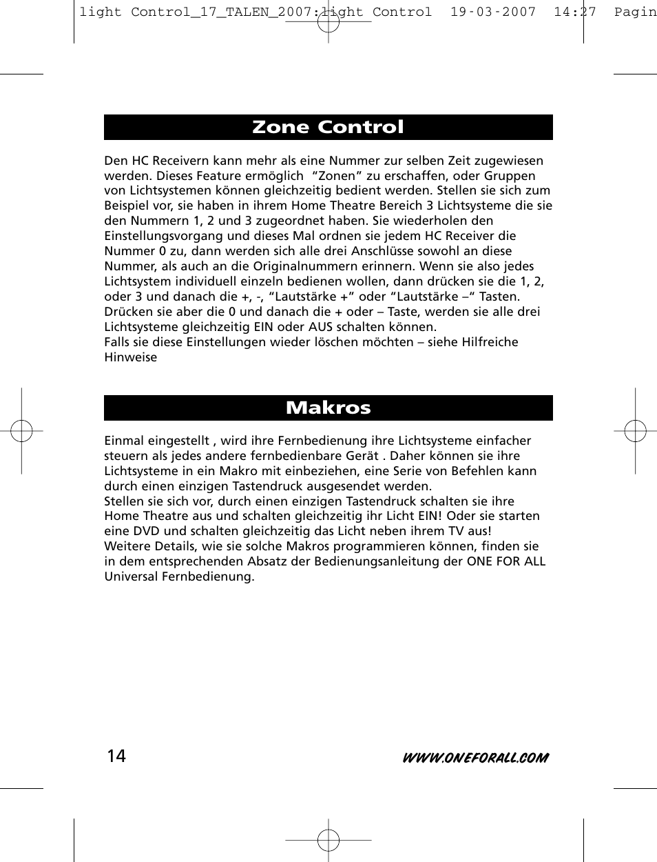 Zone control makros | One for All HC-8000 User Manual | Page 14 / 114